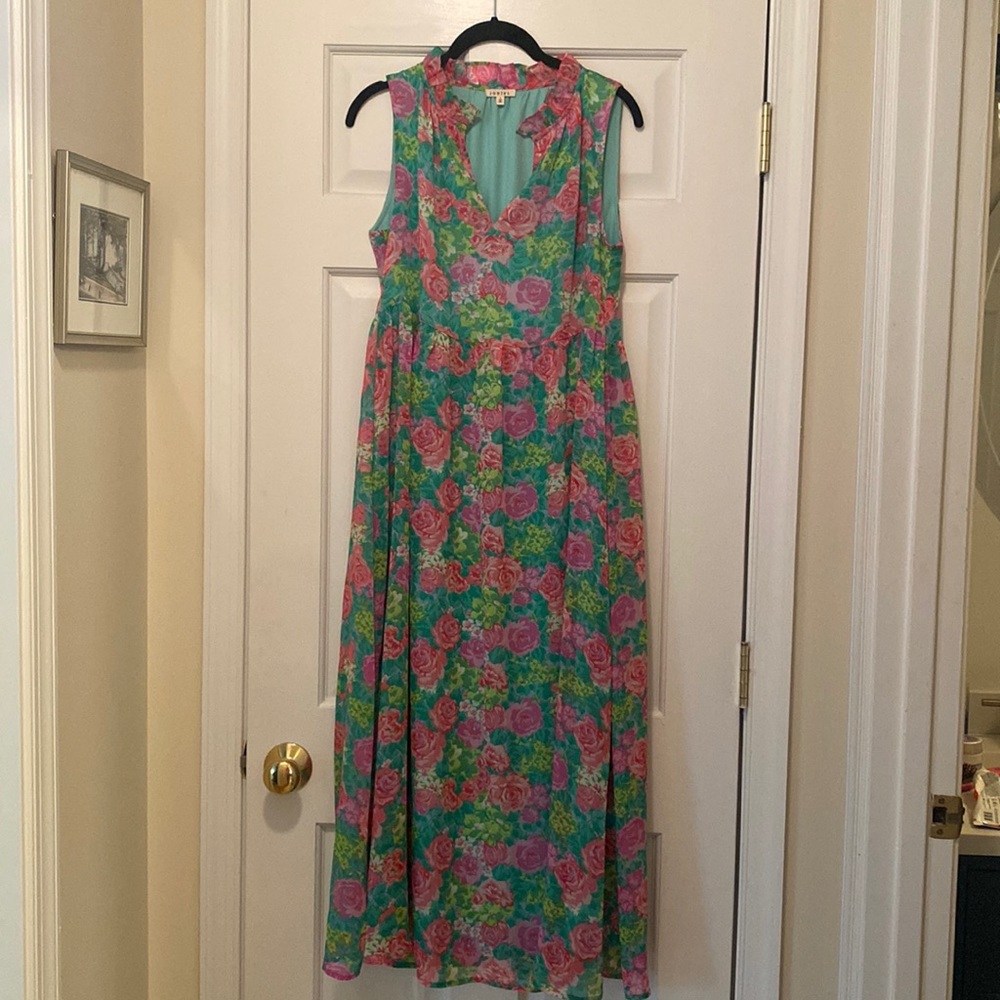 Beautiful pink & green lined maxi dress